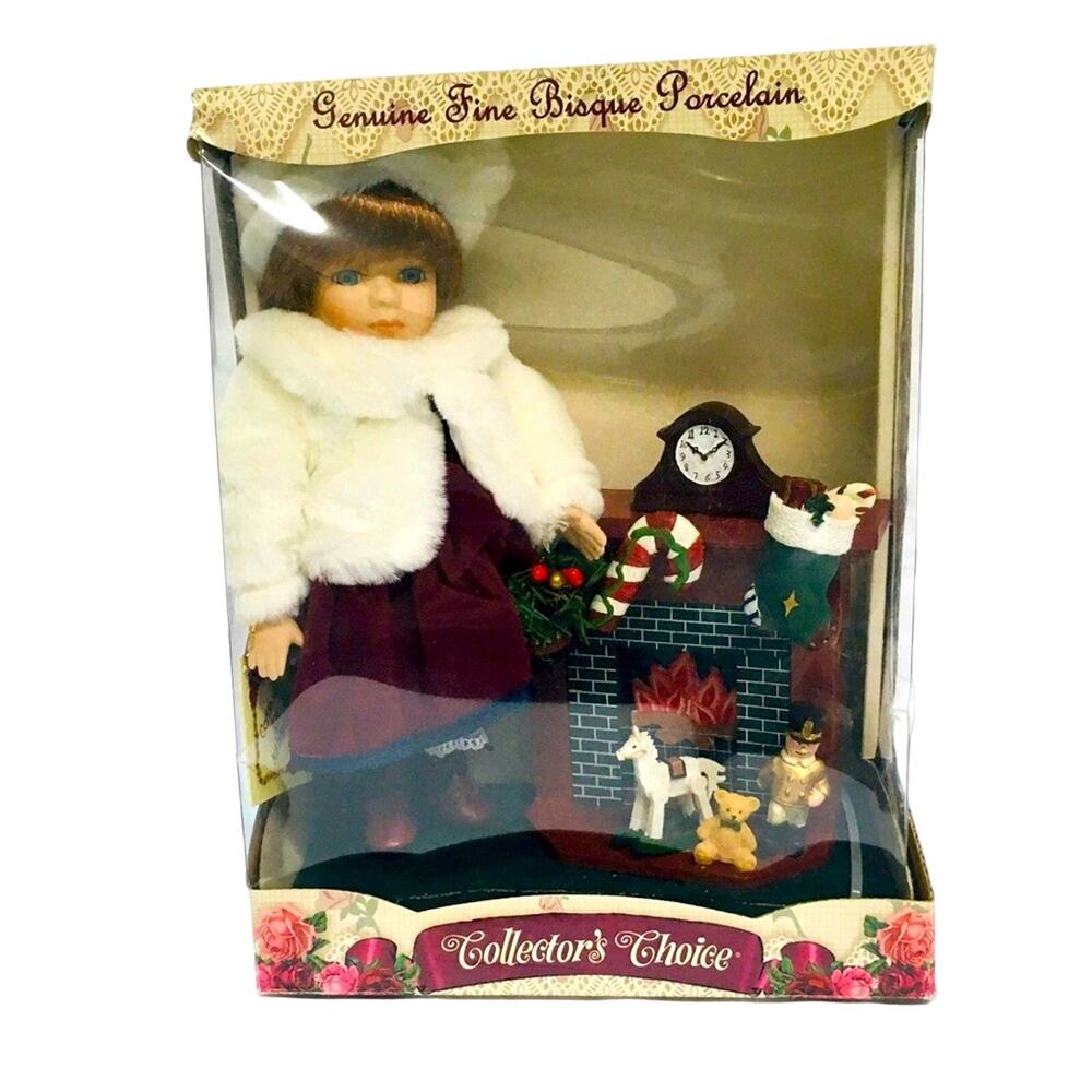Genuine Bisque Porcelain Collectors Choice Doll Figurine Christmas Fireplace COA